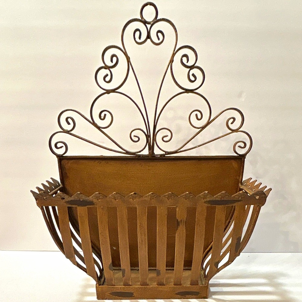 Brown Metal Wall Mounted Decorative Basket Holder w/ Scrollwork 16x12x5